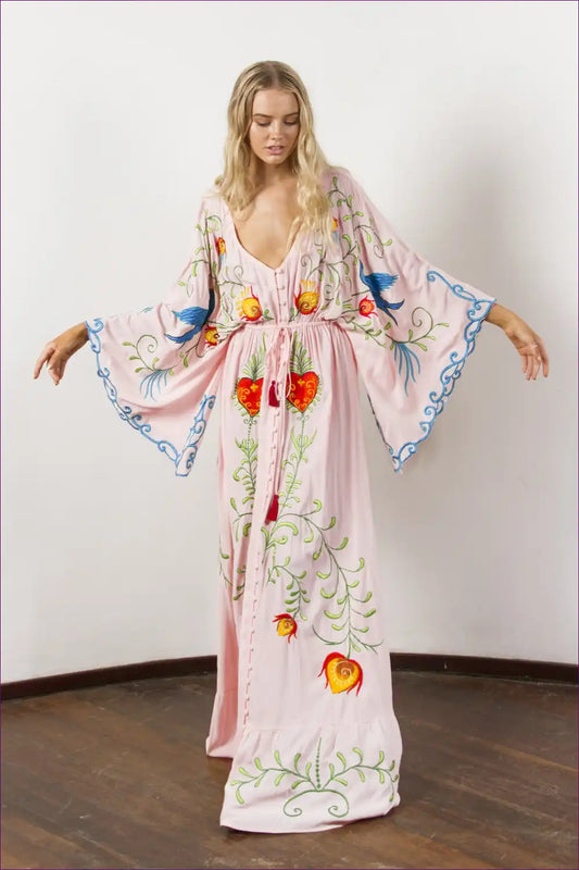 Maxi Dress with Embroidered Details - Bohemian Goddess for A-line, Boho, Casual, Chiffon,