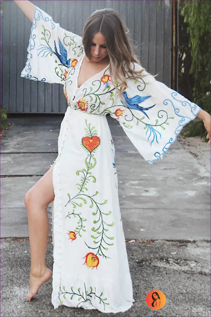 Maxi Dress with Embroidered Details - Bohemian Goddess for A-line, Boho, Casual, Chiffon,