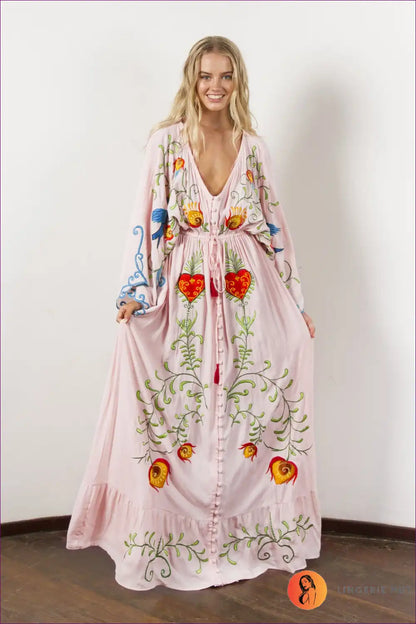 Maxi Dress with Embroidered Details - Bohemian Goddess for A-line, Boho, Casual, Chiffon,
