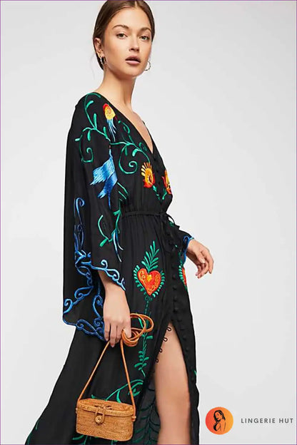 Maxi Dress with Embroidered Details - Bohemian Goddess for A-line, Boho, Casual, Chiffon,