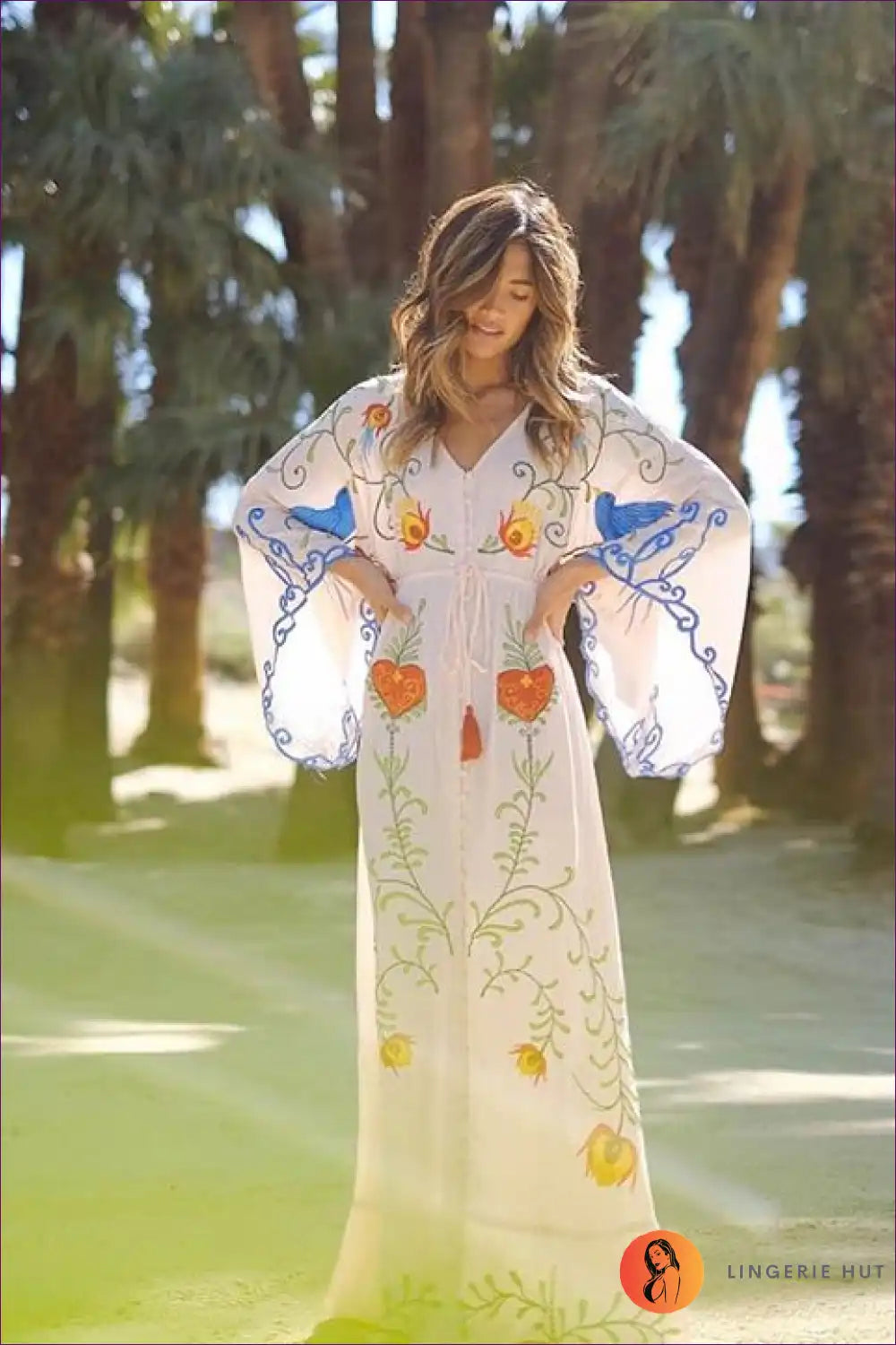 Maxi Dress with Embroidered Details - Bohemian Goddess for A-line, Boho, Casual, Chiffon,