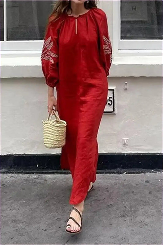 Maxi Dress with Embroidered Details - Effortless Grace for A-line, All Season, Boho, Casual, Cotton