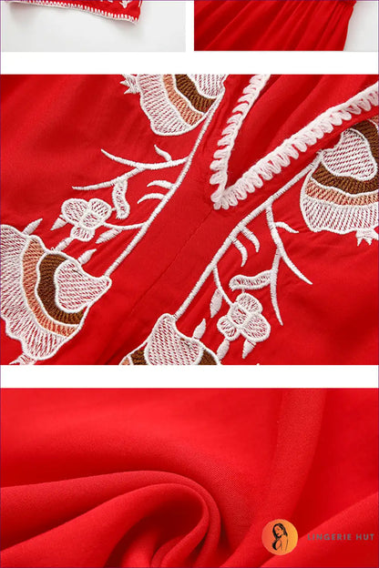 Maxi Dress with Embroidered Neckline - Bohemian Luxe for A-line, Boho, Casual, Cotton,