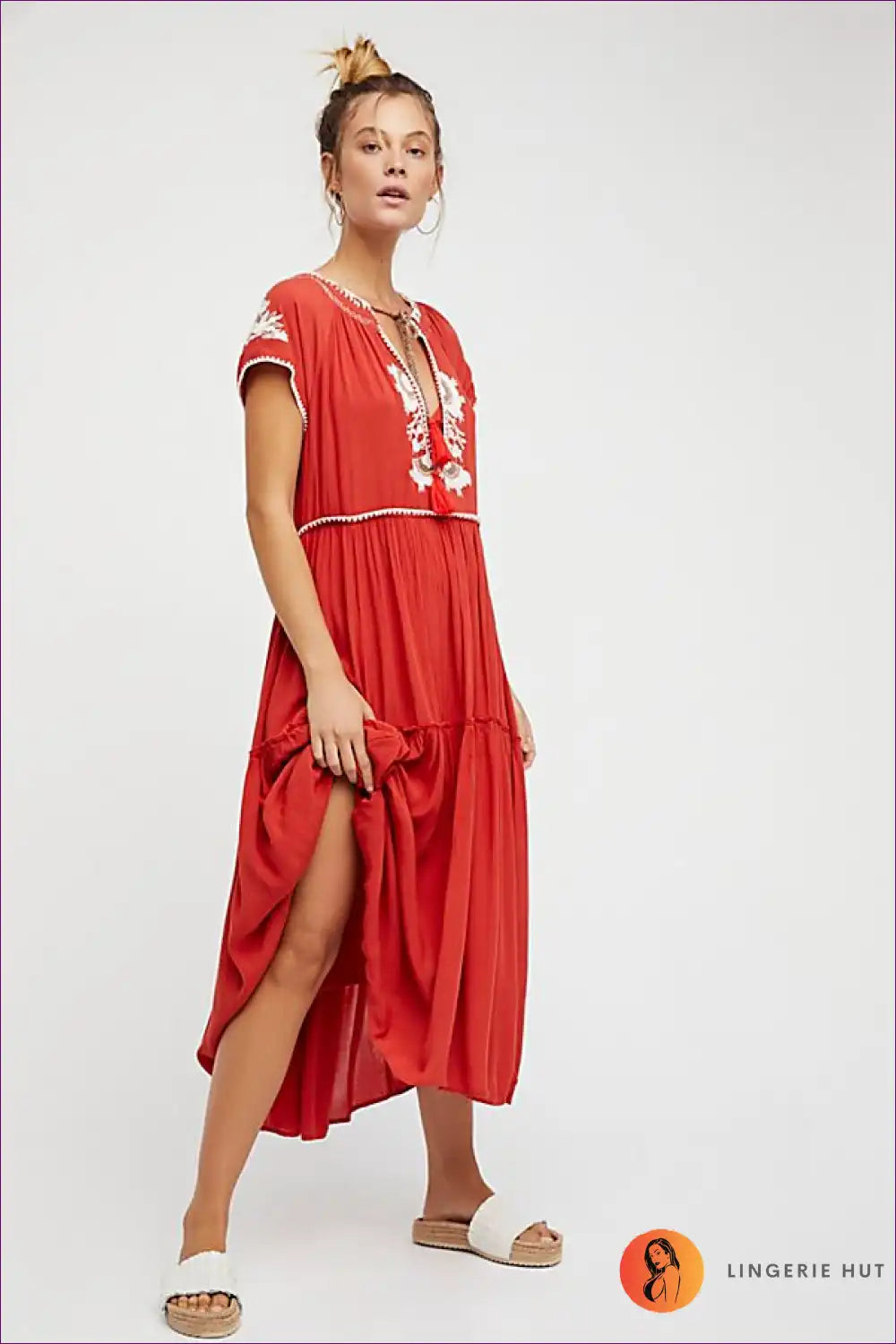 Maxi Dress with Embroidered Neckline - Bohemian Luxe for A-line, Boho, Casual, Cotton,