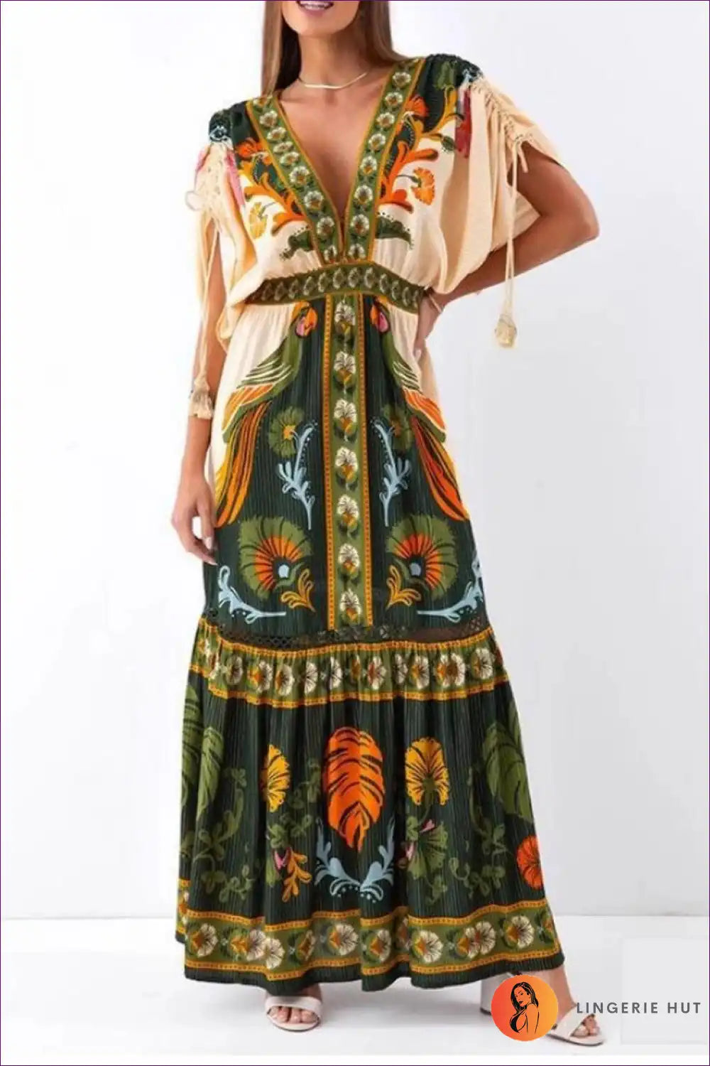 Maxi Dress with Ethnic Print - Bohemian Wanderer for Backless, Boho, Casual, Cutout,