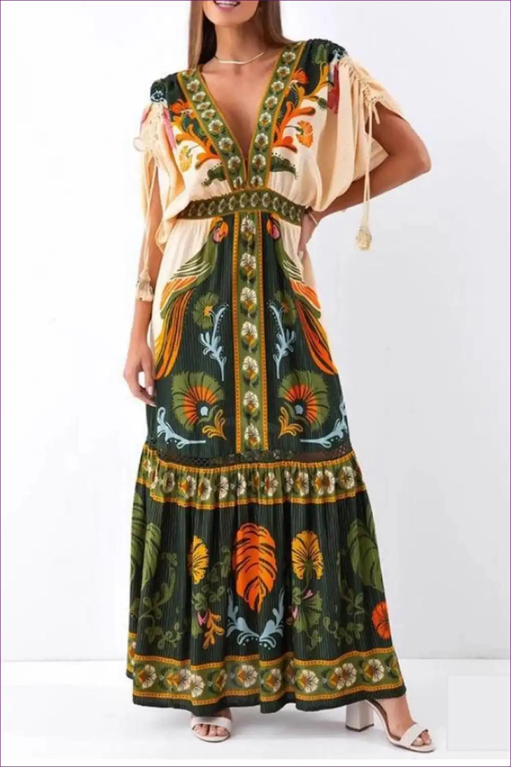 Maxi Dress with Ethnic Print - Bohemian Wanderer for Backless, Boho, Casual, Cutout,