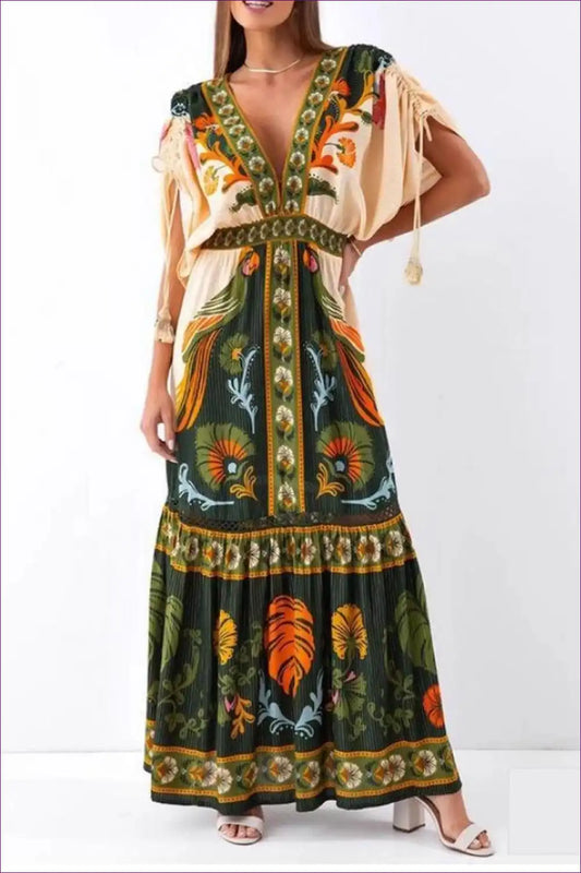 Maxi Dress with Ethnic Print - Bohemian Wanderer for Backless, Boho, Casual, Cutout,