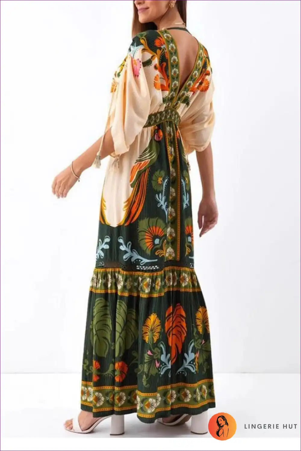 Maxi Dress with Ethnic Print - Bohemian Wanderer for Backless, Boho, Casual, Cutout,