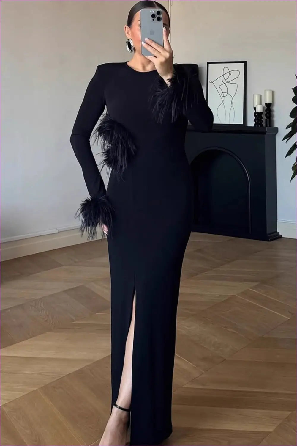 Maxi Dress with Feather Details - Evening Glamour Statement - Dresses - Lingerie Hut - Autumn • Bodycon • Cutout