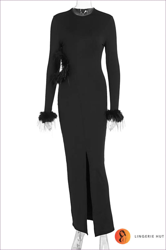 Maxi Dress with Feather Details - Evening Glamour Statement - s / Black - Dresses - Lingerie Hut - Autumn • Bodycon