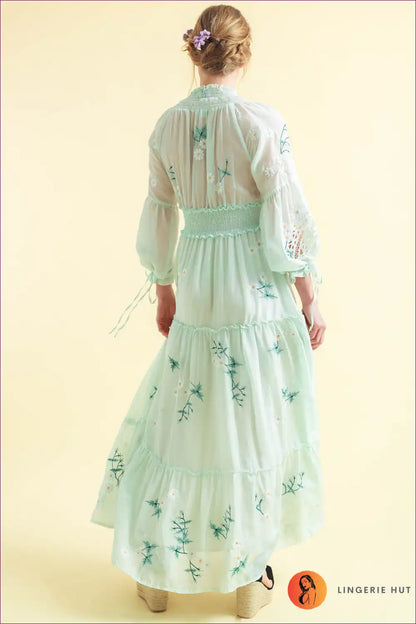 Maxi Dress with Floral Embroidery - Garden Party Grace for A-line, Boho, Casual, Cotton,