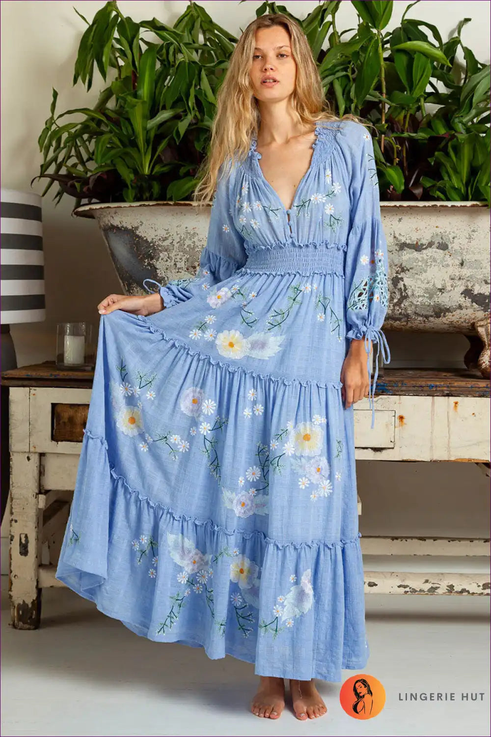 Maxi Dress with Floral Embroidery - Garden Party Grace for A-line, Boho, Casual, Cotton,