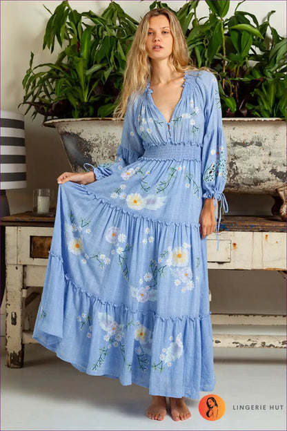 Maxi Dress with Floral Embroidery - Garden Party Grace for A-line, Boho, Casual, Cotton,