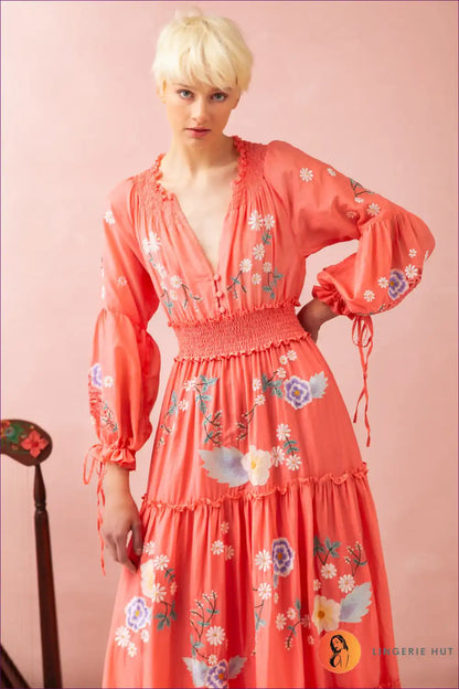 Maxi Dress with Floral Embroidery - Garden Party Grace for A-line, Boho, Casual, Cotton,