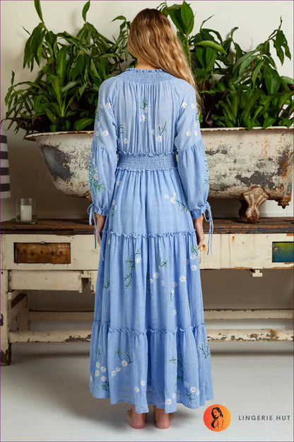 Maxi Dress with Floral Embroidery - Garden Party Grace for A-line, Boho, Casual, Cotton,