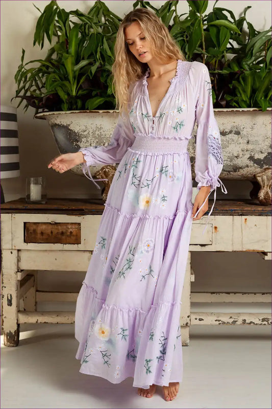 Maxi Dress with Floral Embroidery - Garden Party Grace for A-line, Boho, Casual, Cotton,