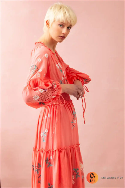 Maxi Dress with Floral Embroidery - Garden Party Grace for A-line, Boho, Casual, Cotton,