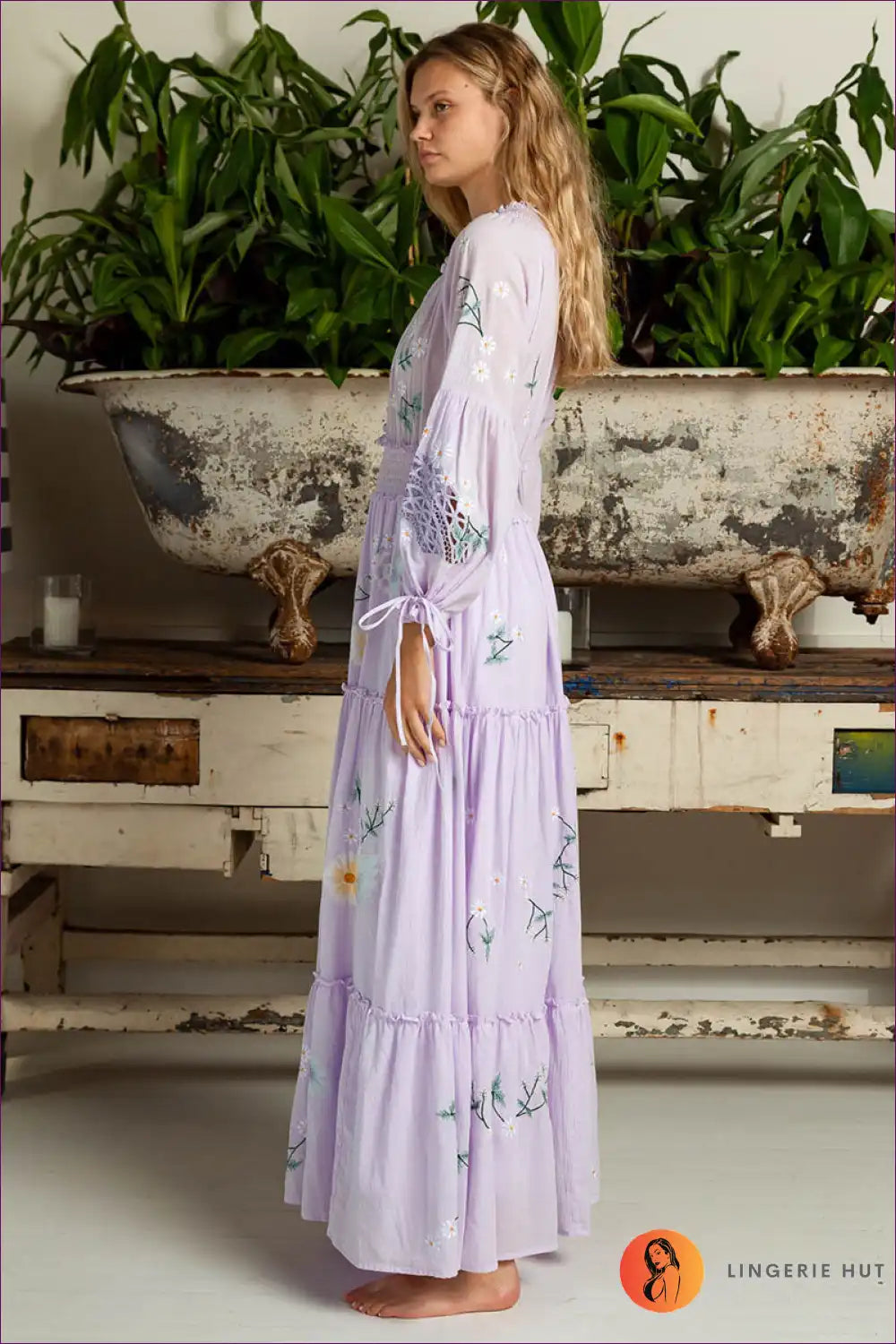 Maxi Dress with Floral Embroidery - Garden Party Grace for A-line, Boho, Casual, Cotton,
