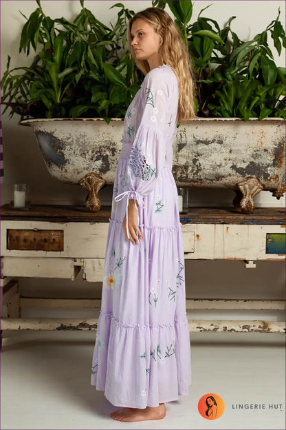 Maxi Dress with Floral Embroidery - Garden Party Grace for A-line, Boho, Casual, Cotton,