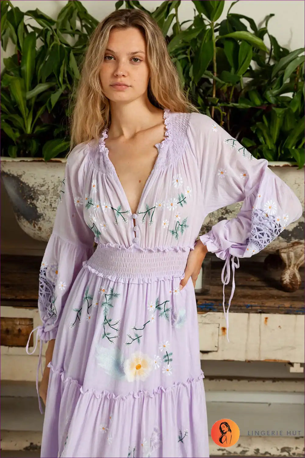 Maxi Dress with Floral Embroidery - Garden Party Grace for A-line, Boho, Casual, Cotton,