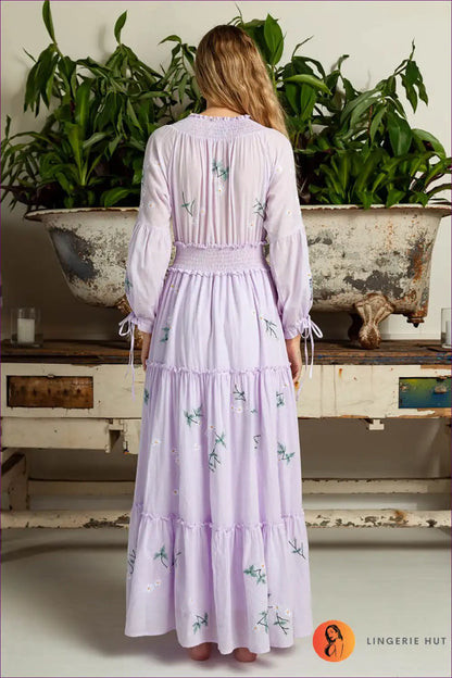 Maxi Dress with Floral Embroidery - Garden Party Grace for A-line, Boho, Casual, Cotton,