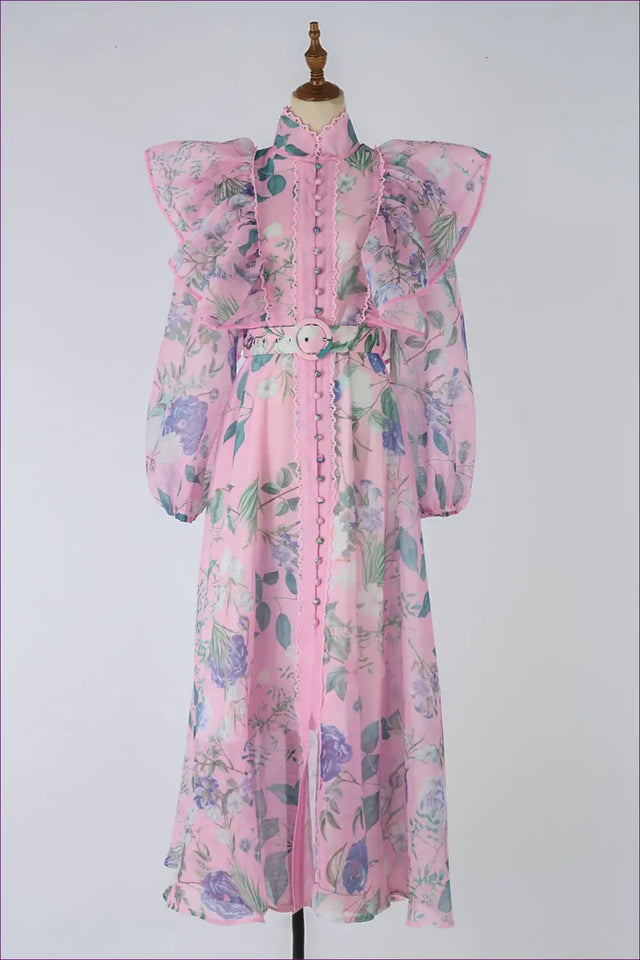 Floral Button Front Belted Dress