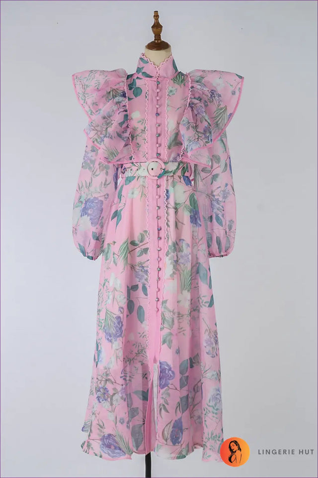 Floral Button Front Belted Dress