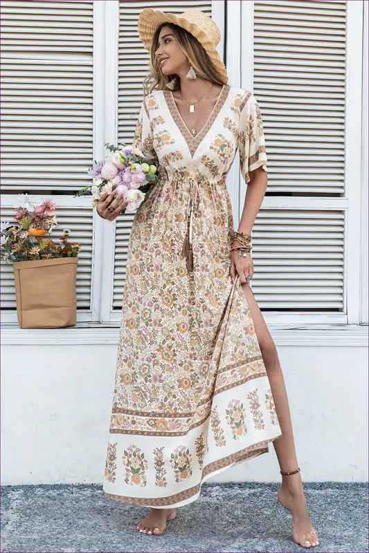 Maxi Dress with Flutter Sleeves - Bohemian Wanderlust for A-line, Boho, Casual, Dress, Everyday