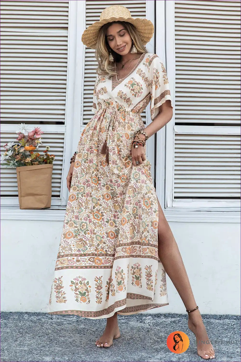 Maxi Dress with Flutter Sleeves - Bohemian Wanderlust for A-line, Boho, Casual, Dress, Everyday