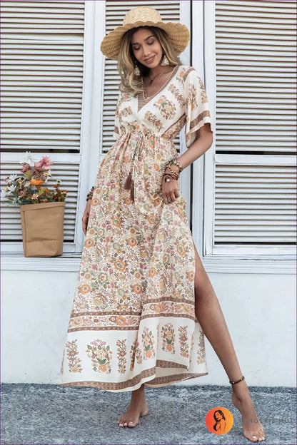 Maxi Dress with Flutter Sleeves - Bohemian Wanderlust for A-line, Boho, Casual, Dress, Everyday