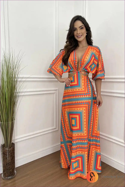 Maxi Dress with Geometric Cut-outs - Bohemian Elegance for A-line, Boho, Casual, Cutout,