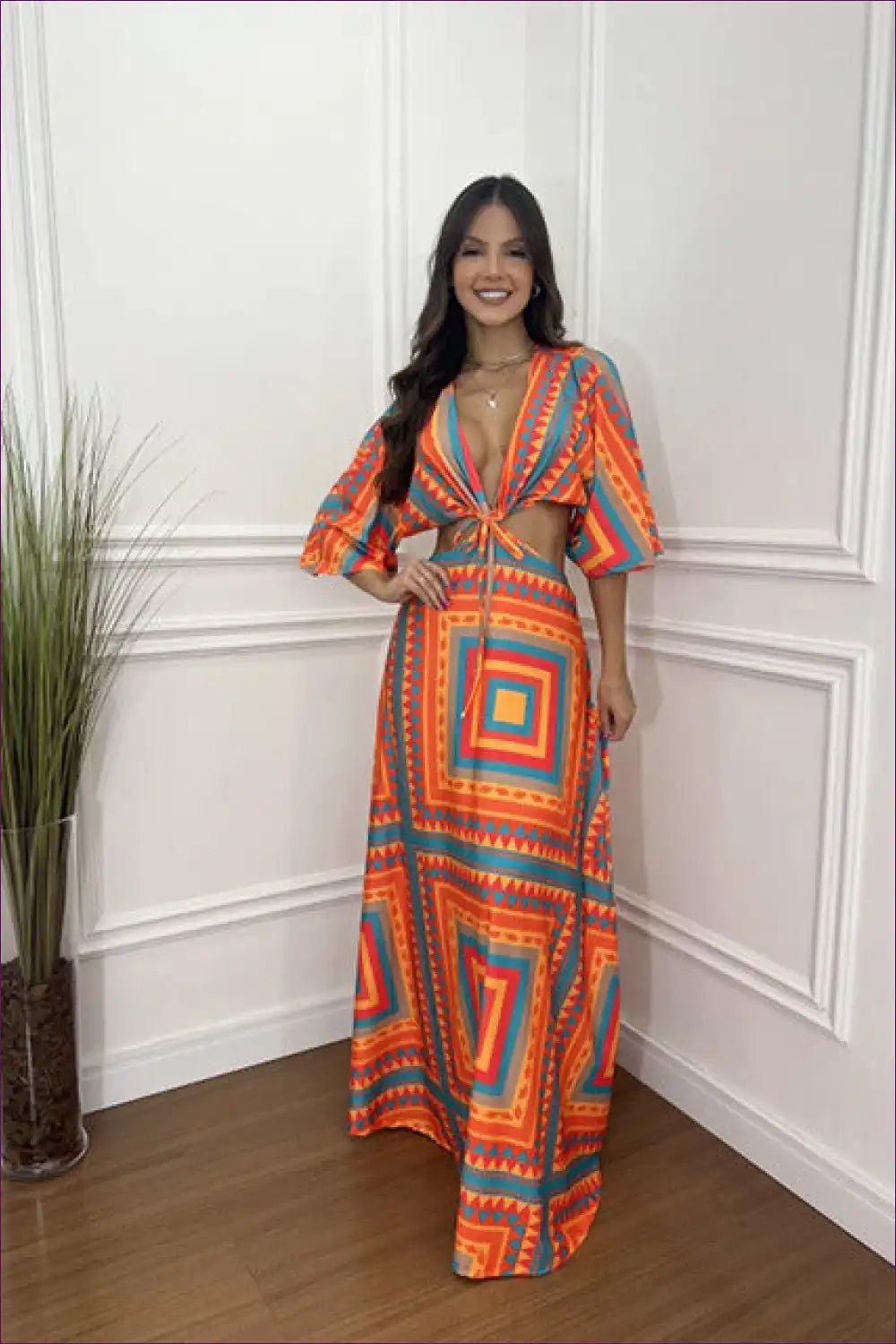 Maxi Dress with Geometric Cut-outs - Bohemian Elegance for A-line, Boho, Casual, Cutout,