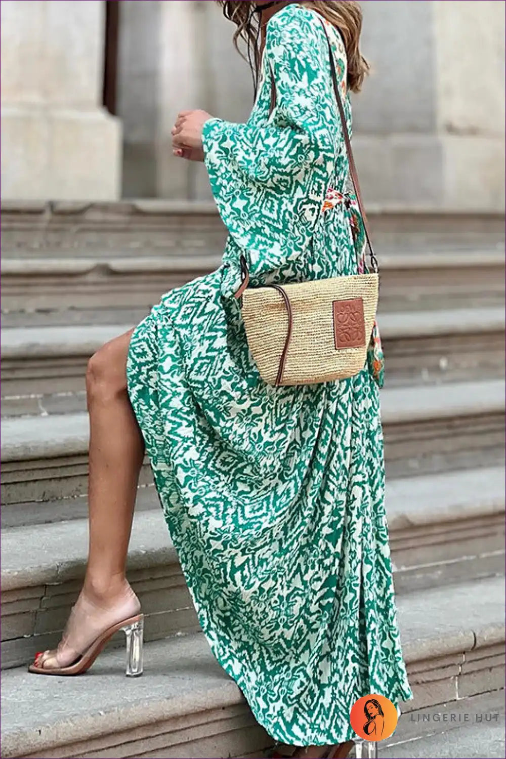 Maxi Dress with Geometric Print - Bohemian Wanderer for A-line, Autumn, Boho, Casual, Cutout