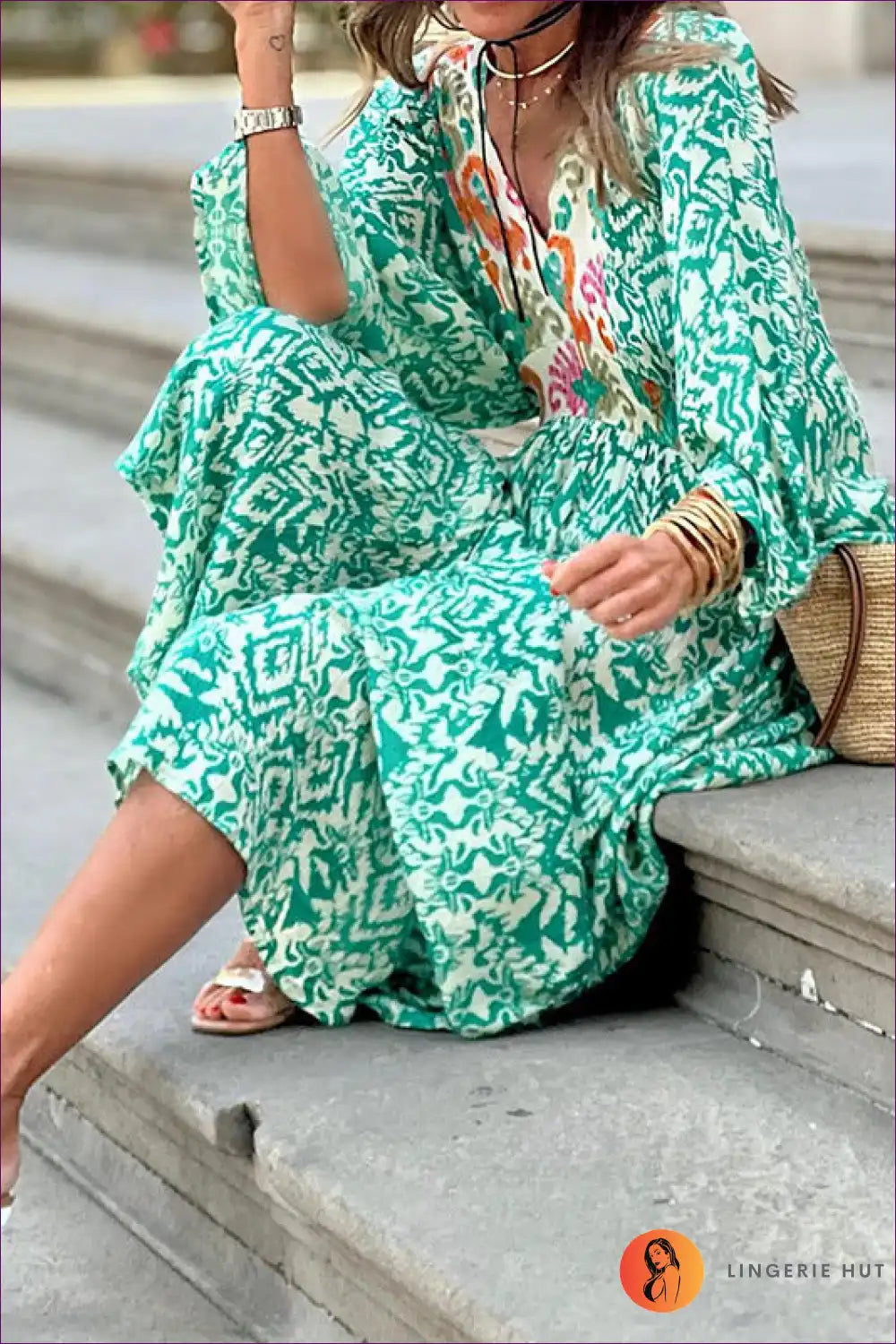 Maxi Dress with Geometric Print - Bohemian Wanderer for A-line, Autumn, Boho, Casual, Cutout