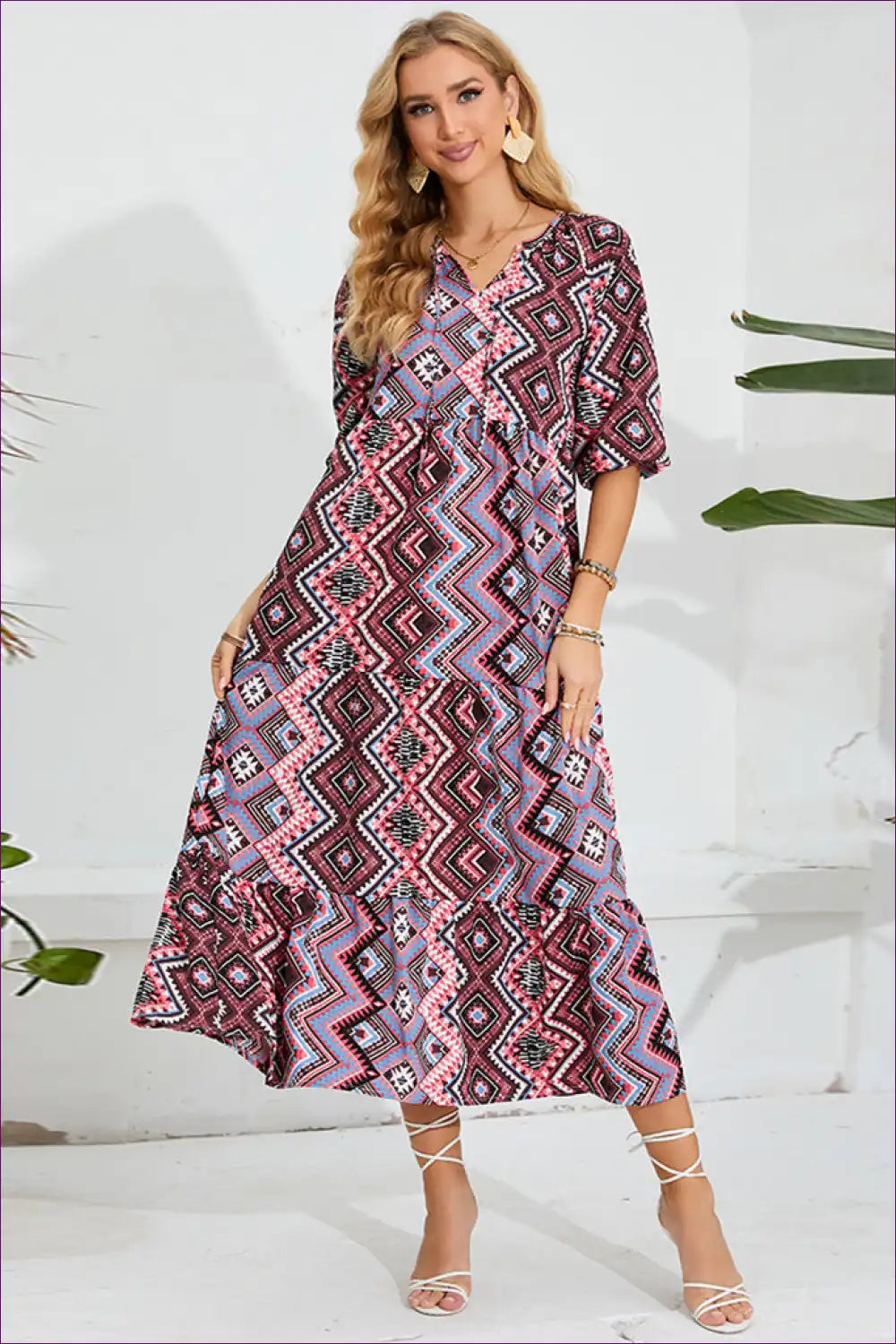 Maxi Dress with Geometric Print - Global Wanderer for A-line, Autumn, Boho, Casual,