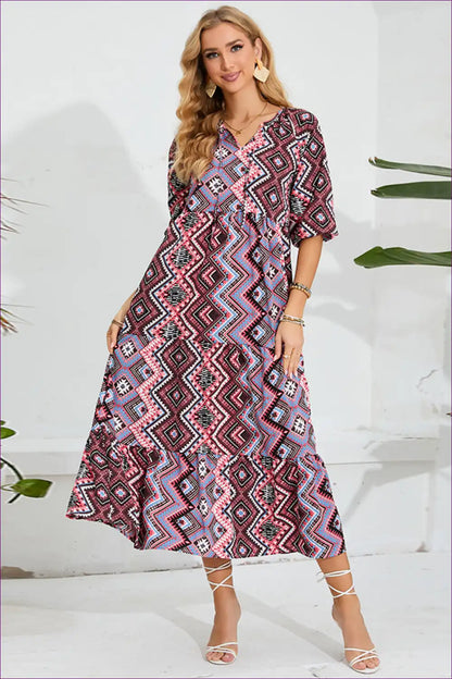 Maxi Dress with Geometric Print - Global Wanderer for A-line, Autumn, Boho, Casual,