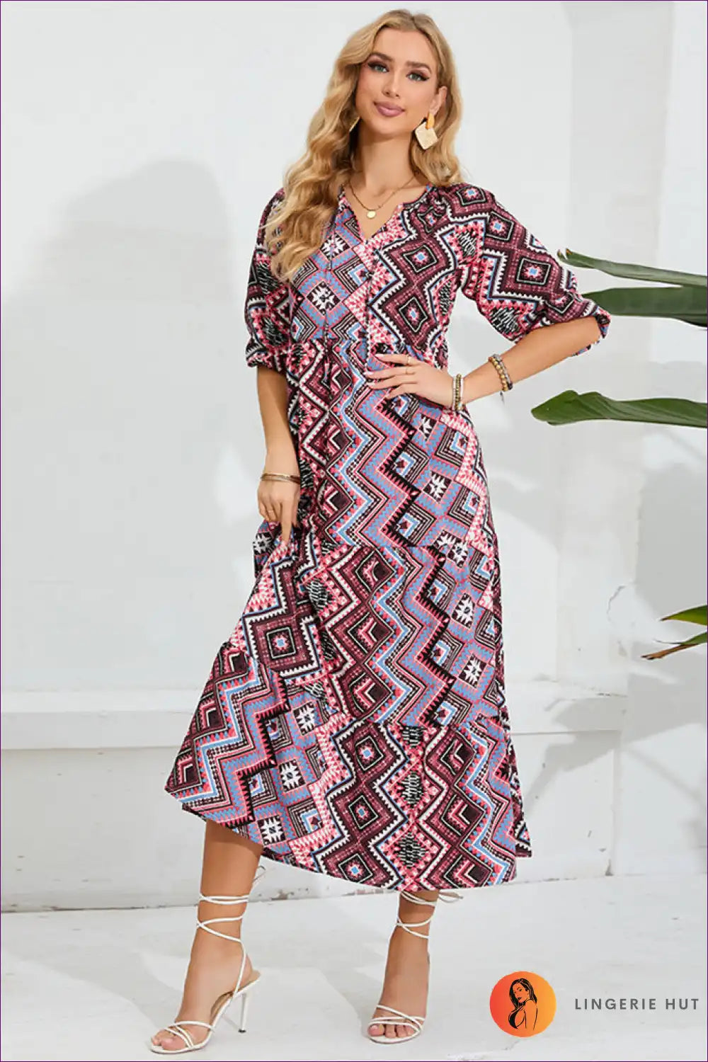 Maxi Dress with Geometric Print - Global Wanderer for A-line, Autumn, Boho, Casual,