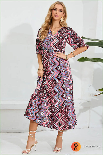 Maxi Dress with Geometric Print - Global Wanderer for A-line, Autumn, Boho, Casual,