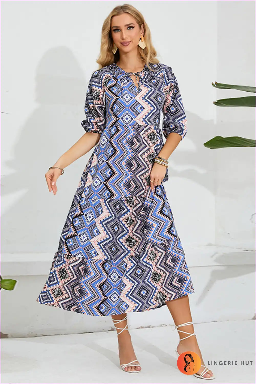 Maxi Dress with Geometric Print - Global Wanderer for A-line, Autumn, Boho, Casual,