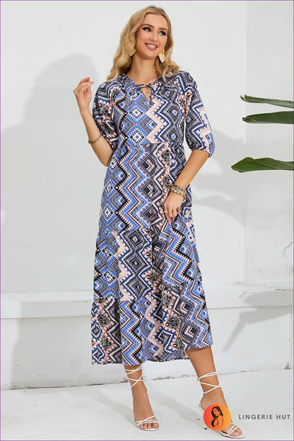 Maxi Dress with Geometric Print - Global Wanderer for A-line, Autumn, Boho, Casual,