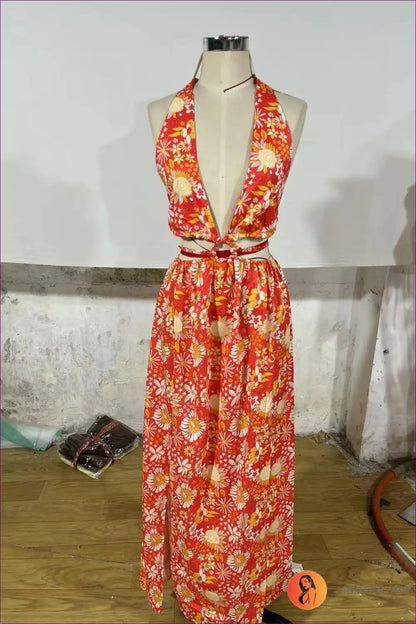 Maxi Dress with Halter Neckline - Bohemian Goddess for A-line, Backless, Boho, Casual, Cutout