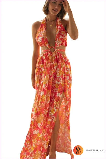 Maxi Dress with Halter Neckline - Bohemian Goddess for A-line, Backless, Boho, Casual, Cutout