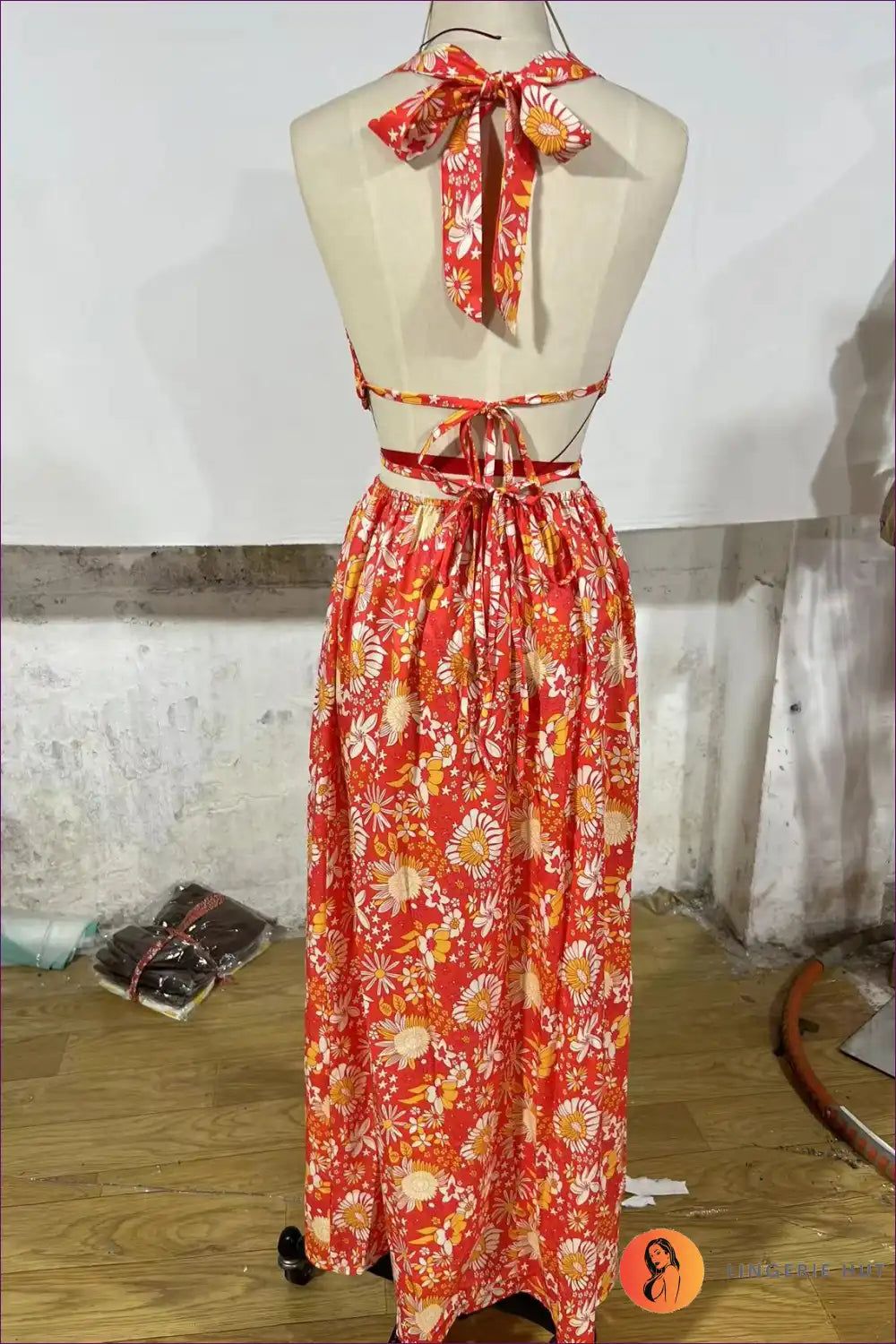 Maxi Dress with Halter Neckline - Bohemian Goddess for A-line, Backless, Boho, Casual, Cutout