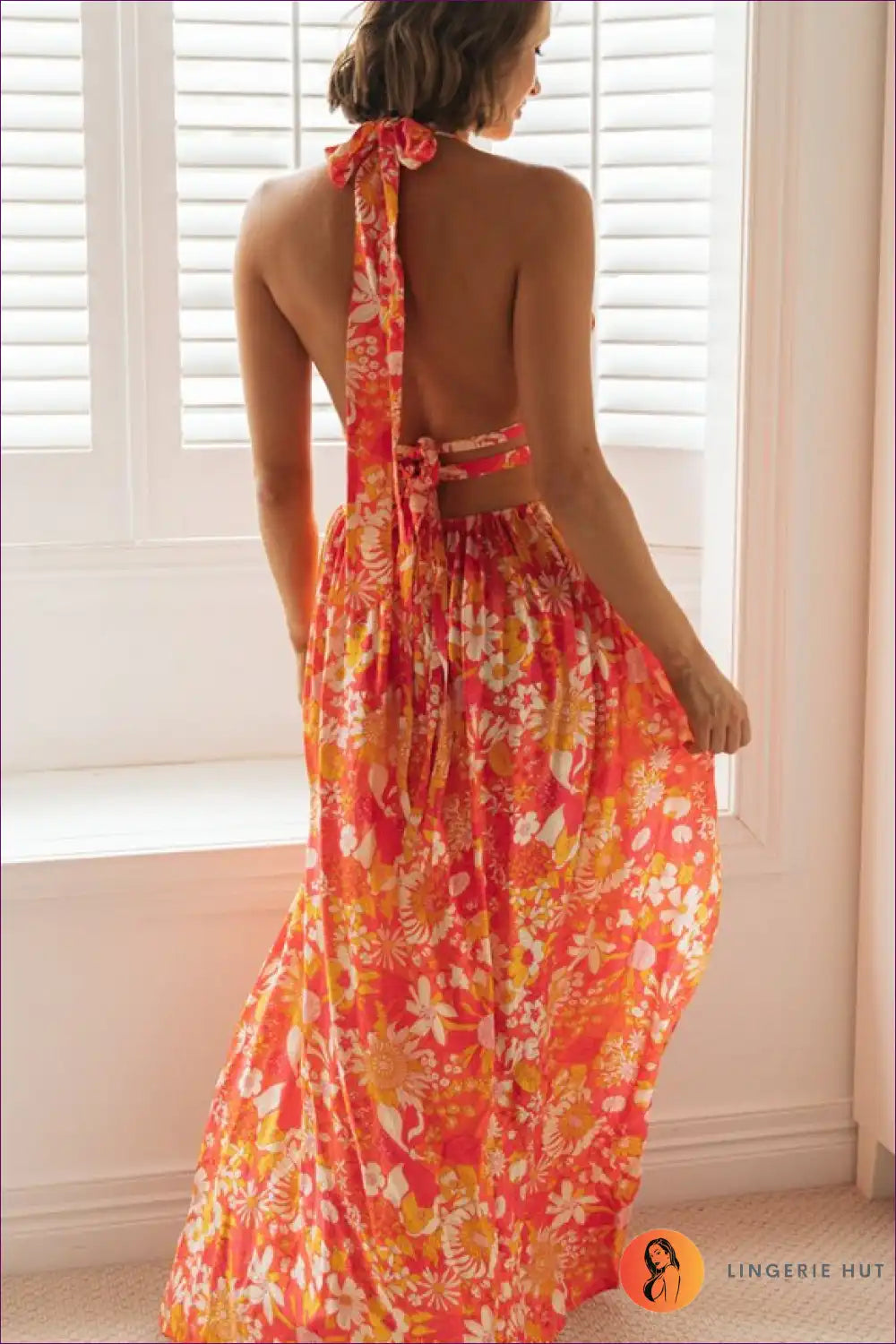 Maxi Dress with Halter Neckline - Bohemian Goddess for A-line, Backless, Boho, Casual, Cutout