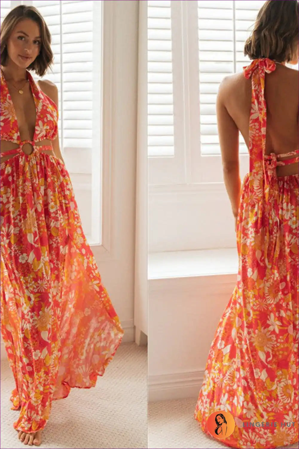 Maxi Dress with Halter Neckline - Bohemian Goddess for A-line, Backless, Boho, Casual, Cutout