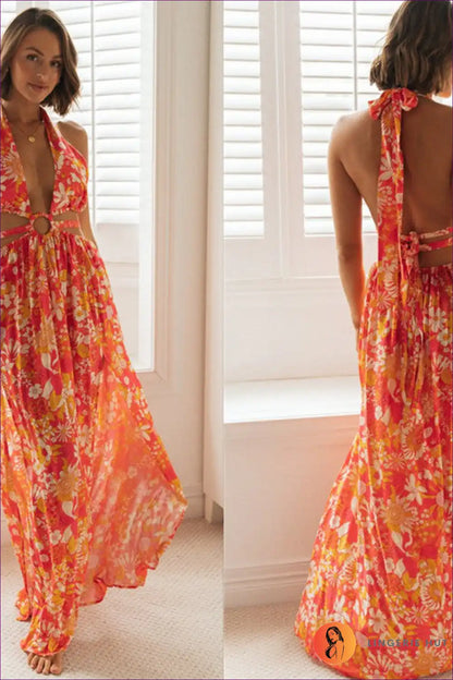 Maxi Dress with Halter Neckline - Bohemian Goddess for A-line, Backless, Boho, Casual, Cutout