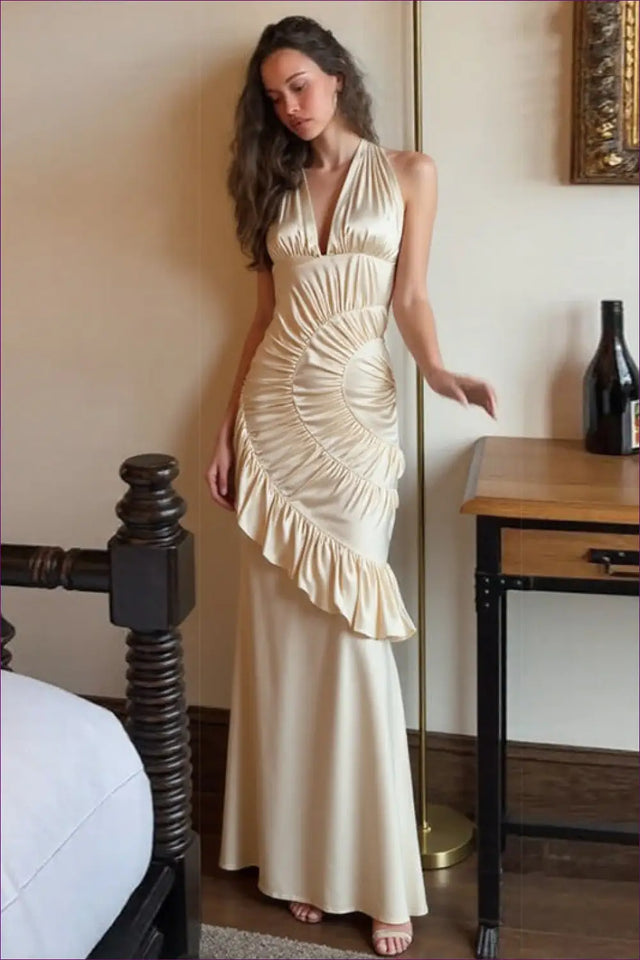 Satin Maxi Dress with Halter Neckline