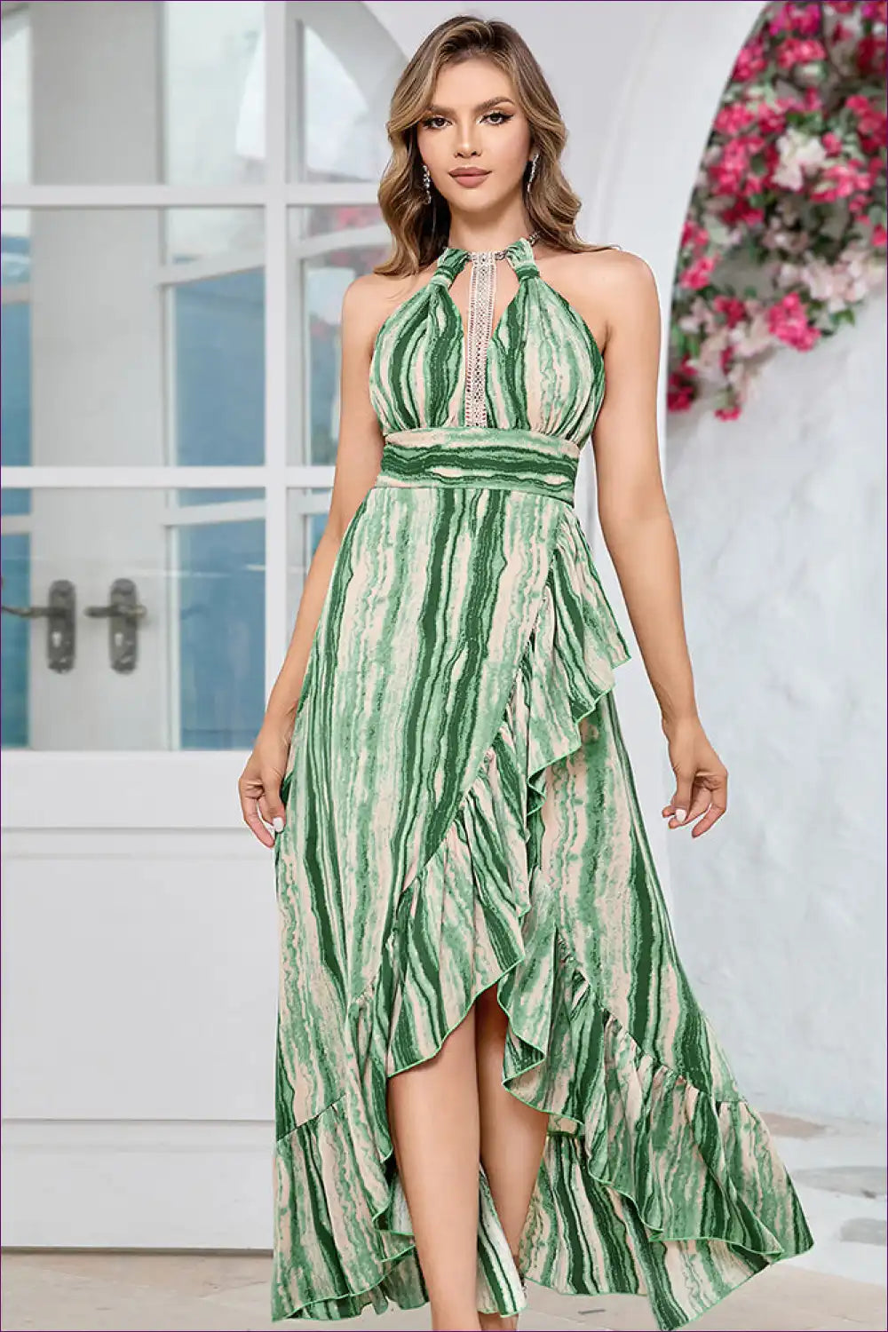 Maxi Dress with Halter Neckline - Garden Party Grace for A-line, Boho, Cutout, Dress, Floral