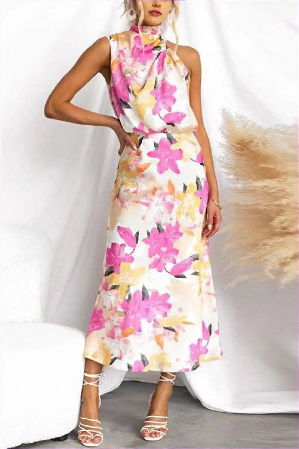 Maxi Dress with Halter Neckline - Garden Party Grace for A-line, Casual, Dress, Floral, Formal Wear