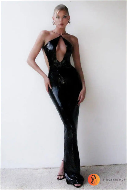 Maxi Dress with Halter Neckline - Statement Evenings for Backless, Cutout, Dress, Evening Wear, Formal Wear